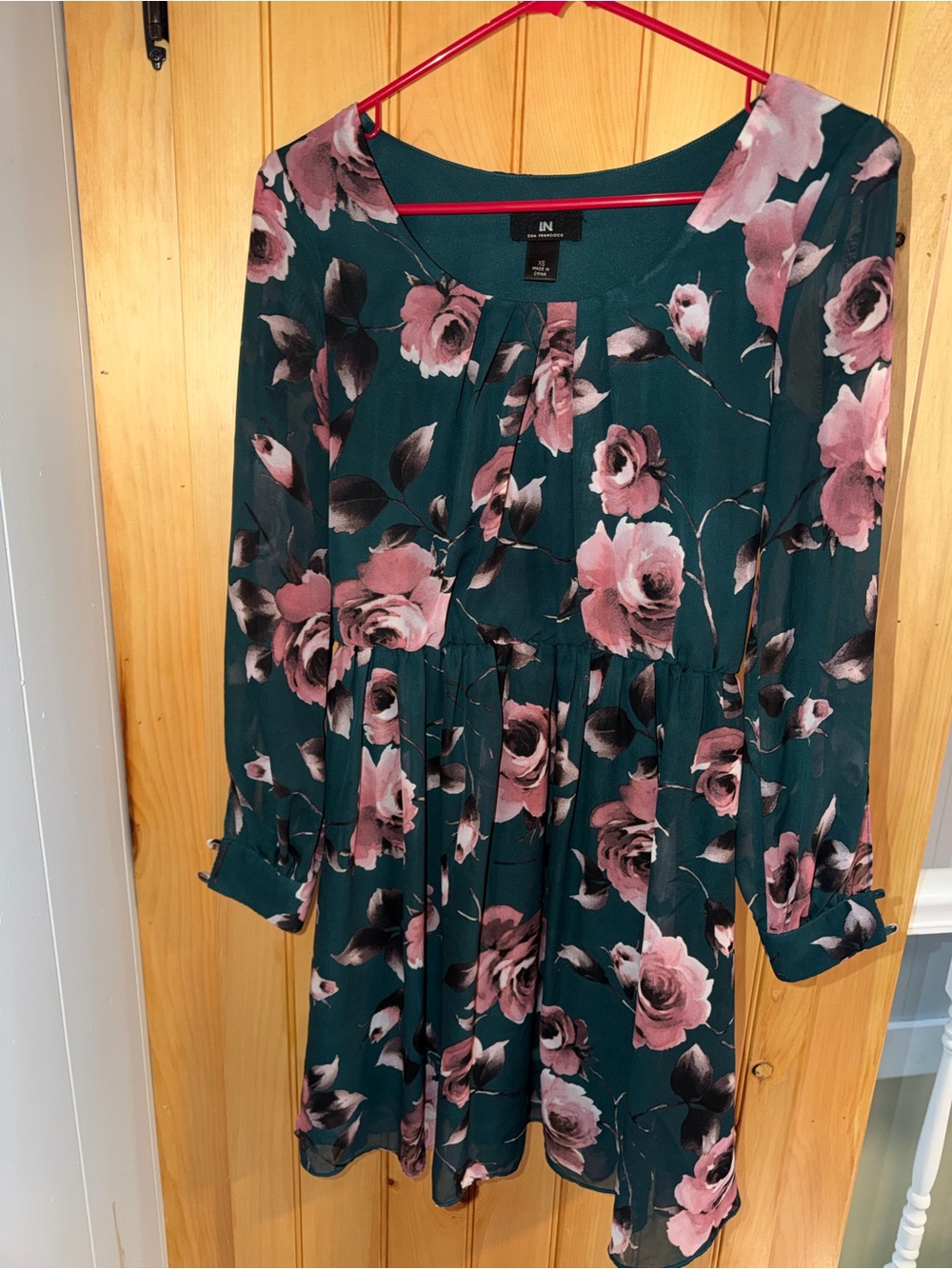 IN San Francisco Blooming Rose Green Long-Sleeve Floral Dress Size XS